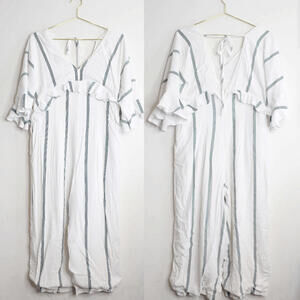 Sancia White Green Stripe Ruffle Silk Blend Wide Leg Jumpsuit - Small